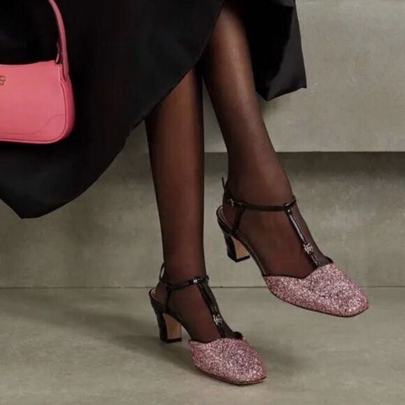 GUCCI Pink Glitter T-Strap Embellished Size 37.5 US 7.5 Leather GG Marmont - Picture 14 of 14